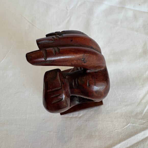Vintage Walnut Sculpture Hand Symbol OK Gesture Quirky Art - Picture 2 of 9